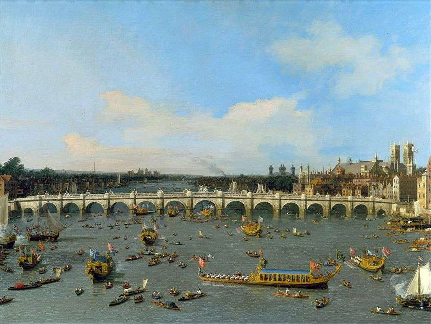 جسر ويستمنستر في لندن مع قطار رئيس البلدية على نهر التايمز   أنطونيو كاناليتو