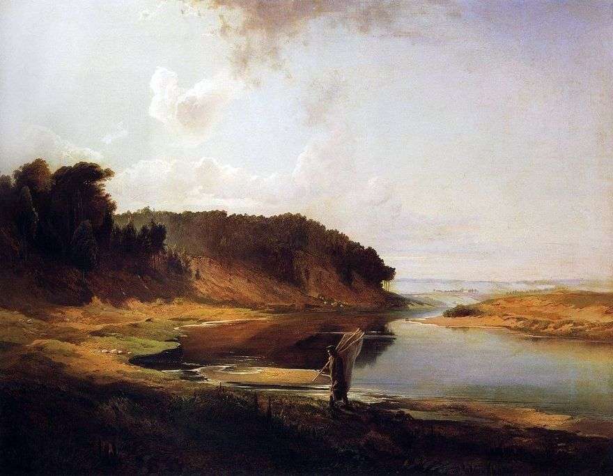منظر طبيعي مع نهر وصياد   أليكسي سافراسوف