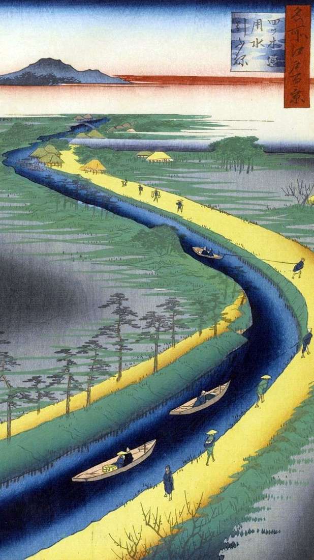 سحب القوارب على قناة Etsugi Dori   Utagawa Hiroshige
