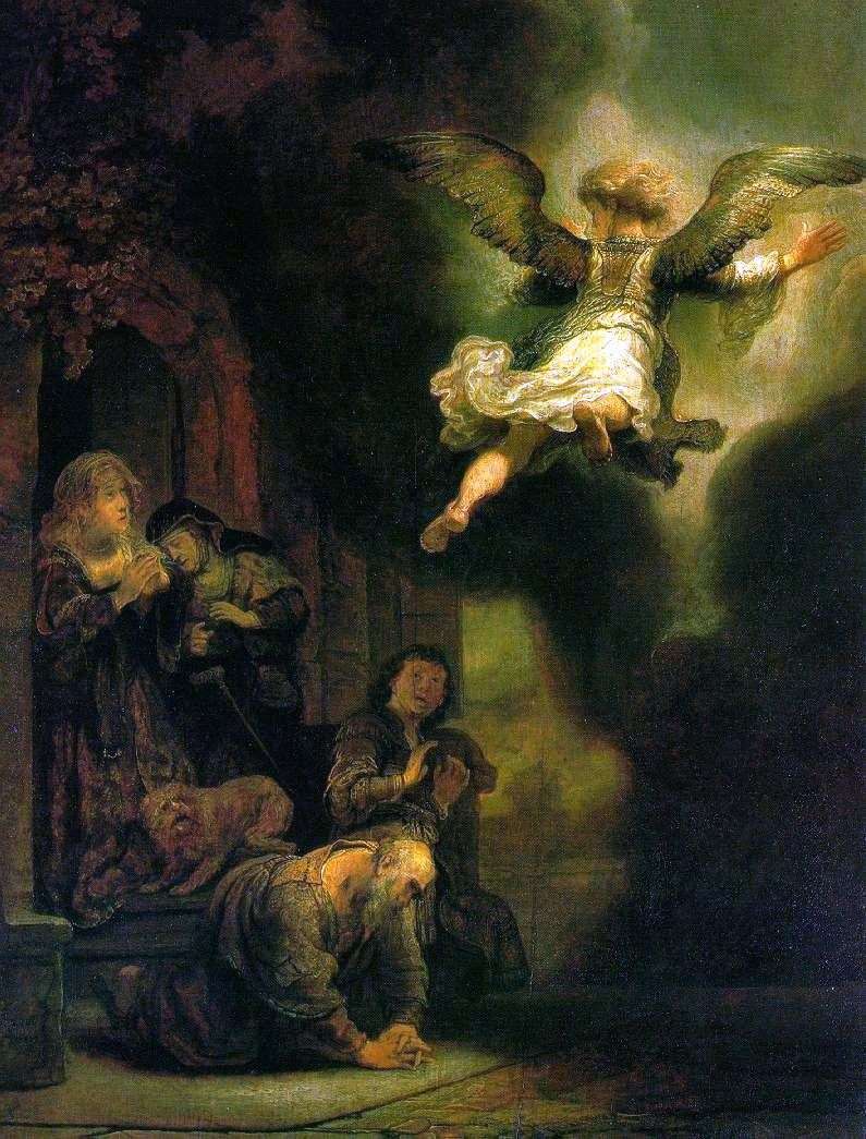 رئيس الملائكة رافائيل ، وترك عائلة توبيا   رامبرانت هارمنز فان راين