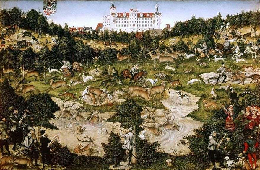 الملك تشارلز الخامس الغزلان الصيد بالقرب من قلعة تورجاو   Lukas Cranach